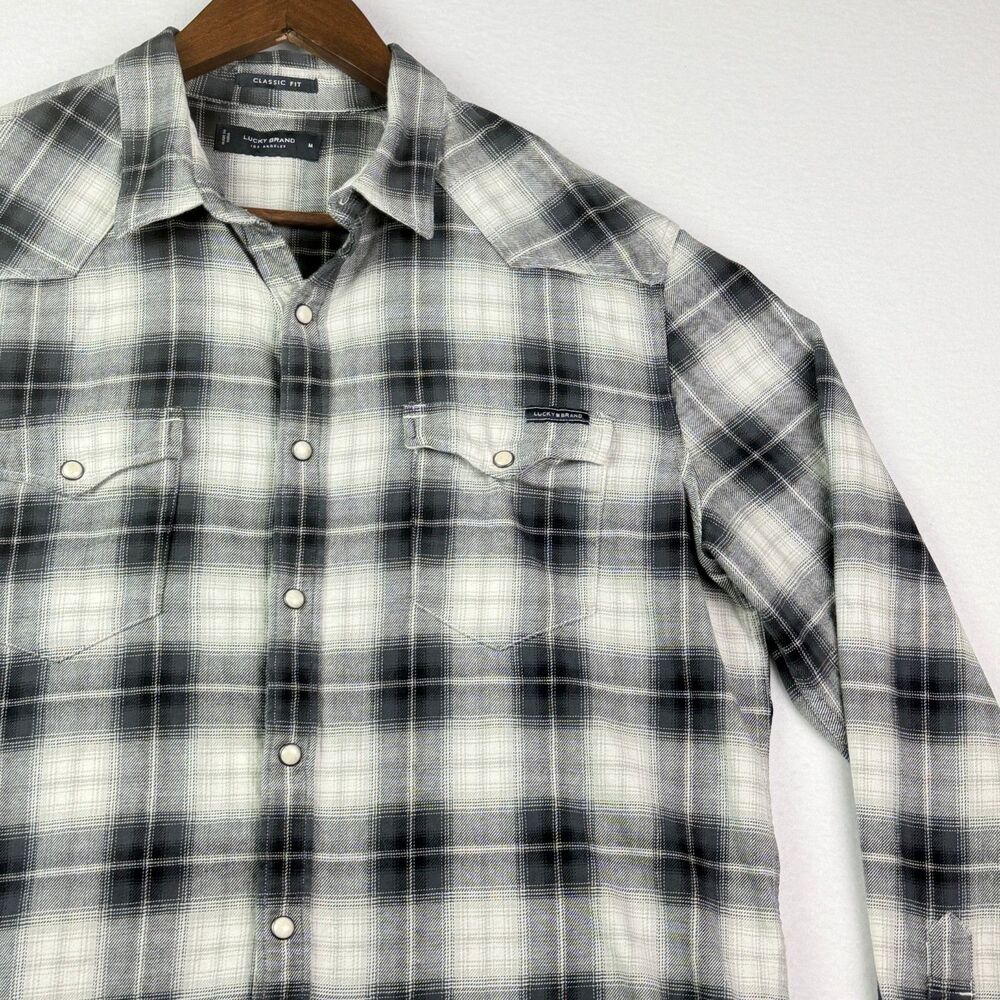 Lucky Brand Gray Black Plaid Snap Front Flannel Shirt M
